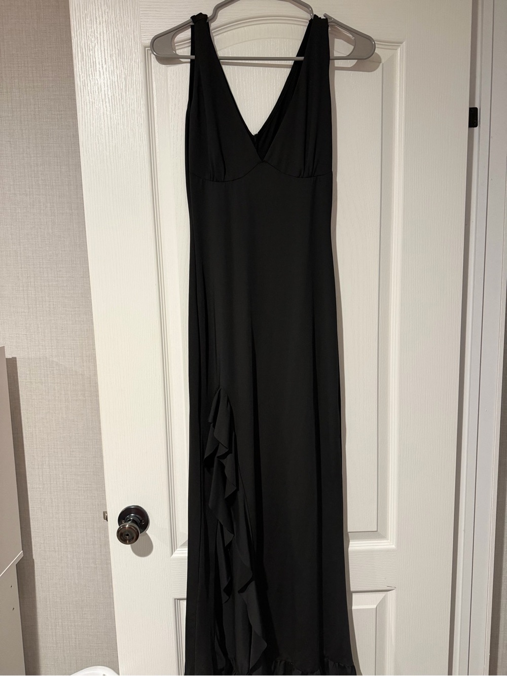 Black V-Neck Ruffle Hem Evening Dress